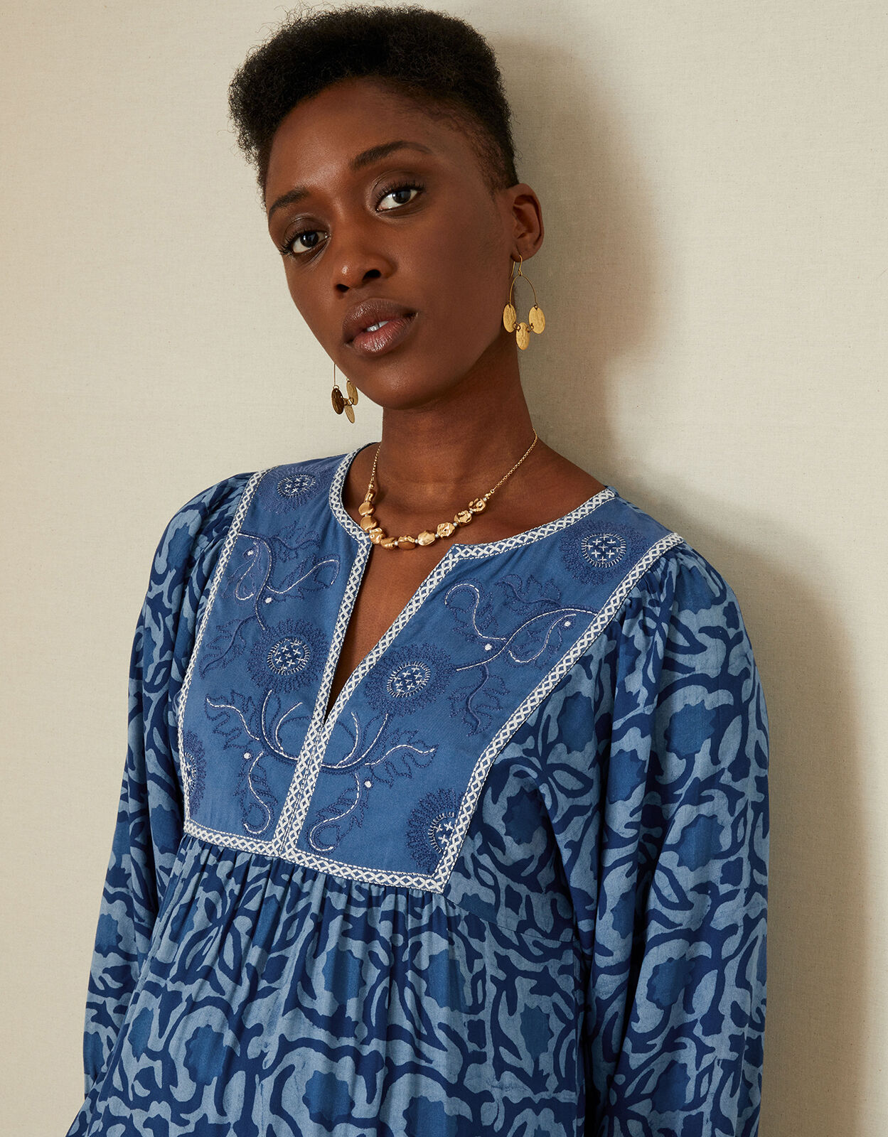 ARTISAN STUDIO Floral Batik Smock Dress Blue