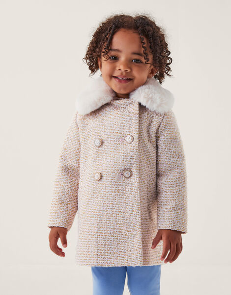 Baby Tweed Faux Fur Collar Coat, Cream (CREAM), large