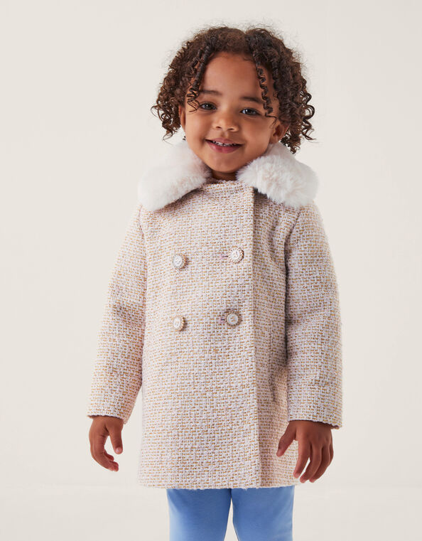Baby Tweed Faux Fur Collar Coat, Cream (CREAM), large