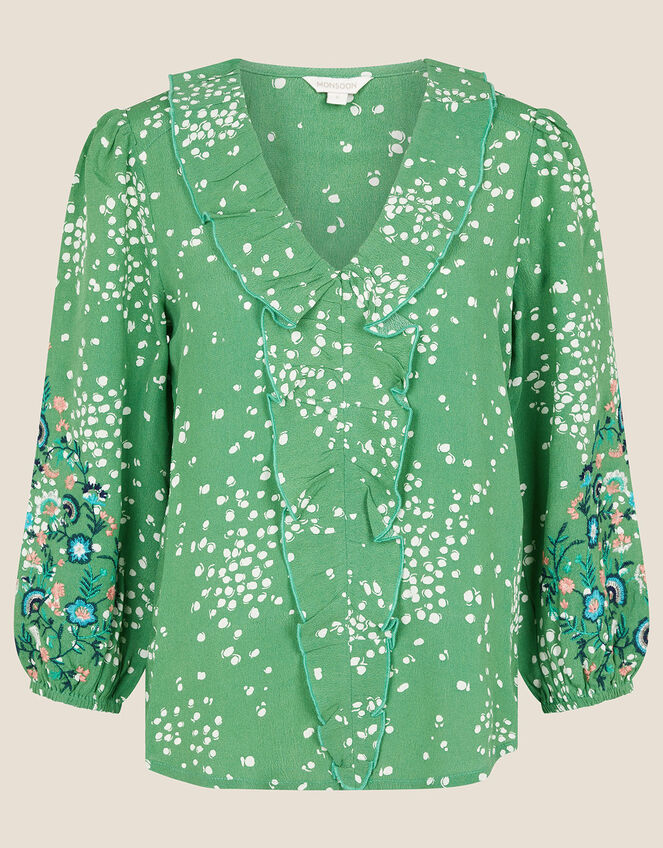 Embroidered Dot Print Blouse, Green (GREEN), large