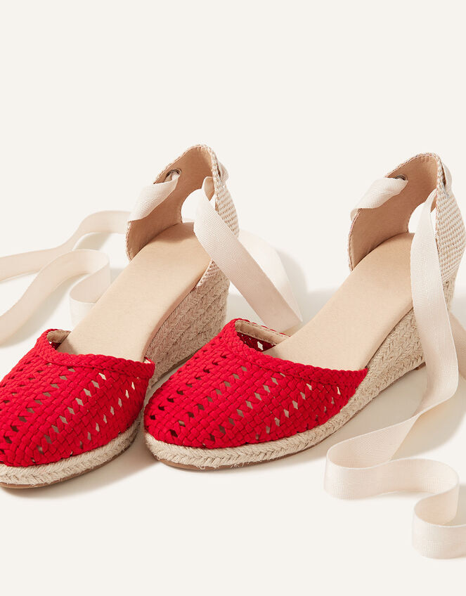 Cut-Out Detail Tie Up Espadrille Wedges, Red (RED), large