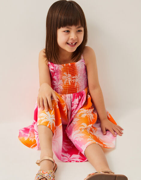 Sunset Ombre Palm Print Shirred Dress, Pink (PINK), large
