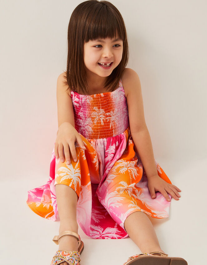 Sunset Ombre Palm Print Shirred Dress, Pink (PINK), large