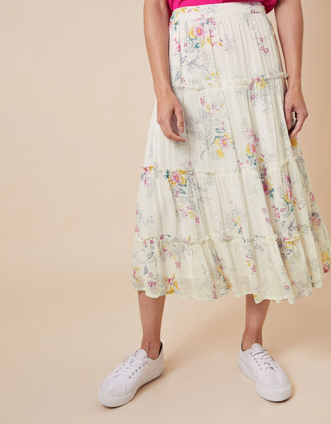 Blossom Print Tiered Midi Skirt, Ivory (IVORY), large
