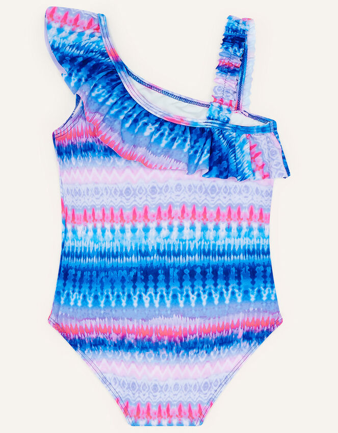 Ikat Stripe One Shoulder Swimsuit with Recycled Polyester, Blue (BLUE), large