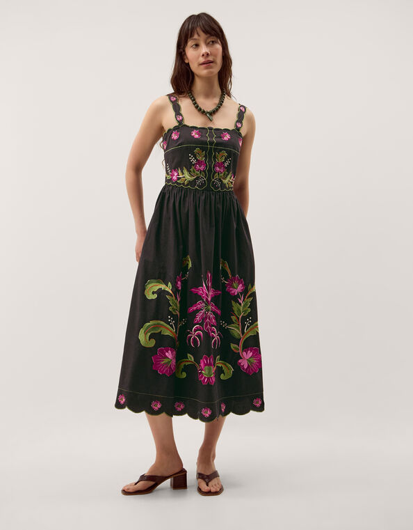Eleni Floral Embroidered Midi Dress, Black (BLACK), large
