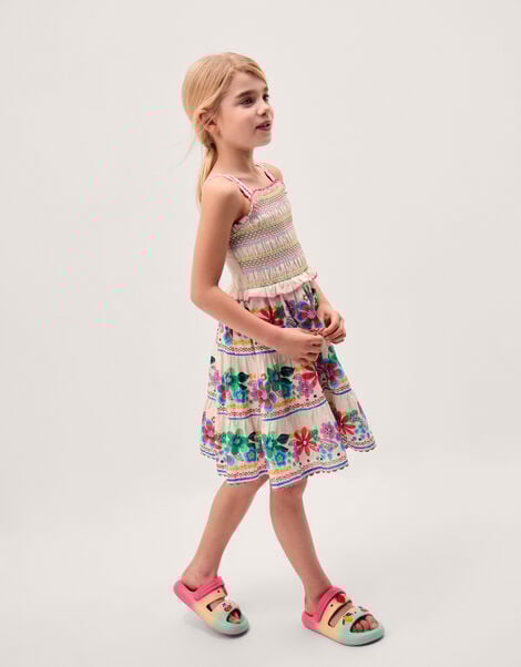 Floral Print Shirred Dress, White (WHITE), large