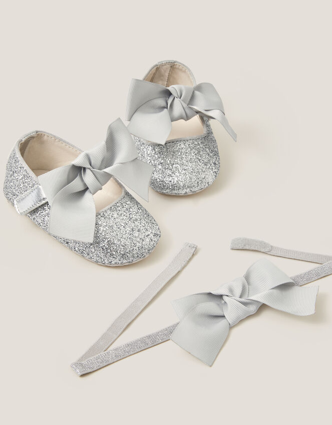 Baby Bow Glitter Headband & Booties Set, Silver (SILVER), large