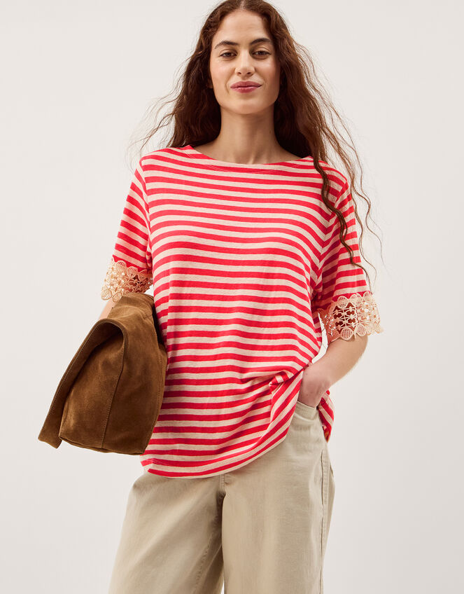 Sasha Stripe Linen Blend T-Shirt, Red (RED), large