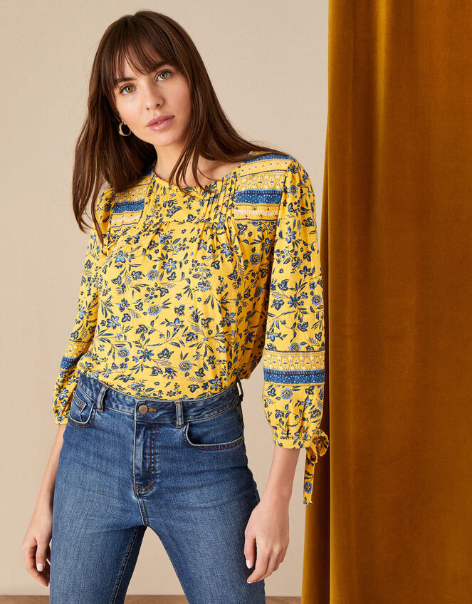 Floral Print Patch Jersey Top, Yellow (OCHRE), large