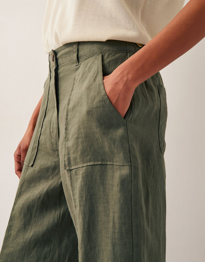 Jolie Short Wide Leg Linen Trousers, Green (KHAKI), large