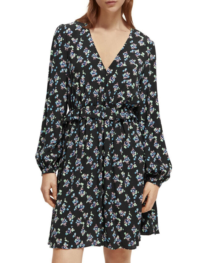 Scotch and Soda Elasticated Waist Floral Mini Dress, Black (BLACK), large