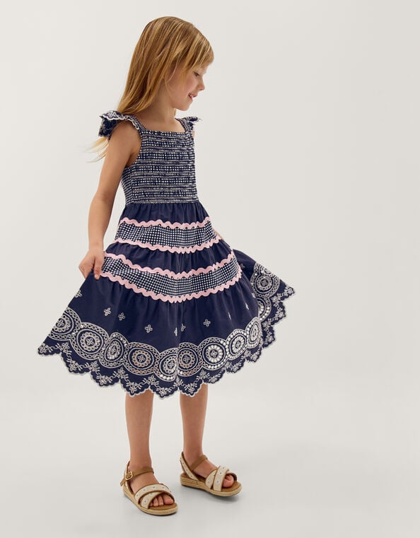 Broderie Smocked Jersey Dress, Blue (NAVY), large