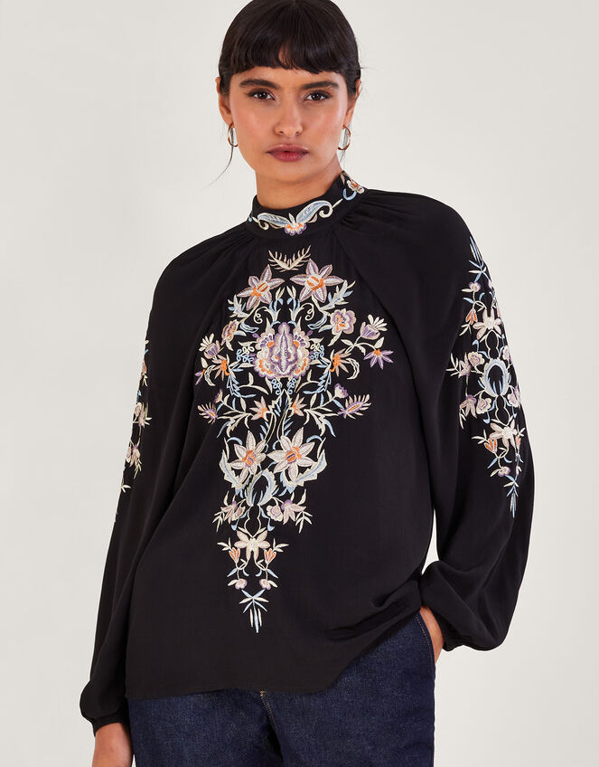 Farah Floral Embroidered Blouse, Black (BLACK), large
