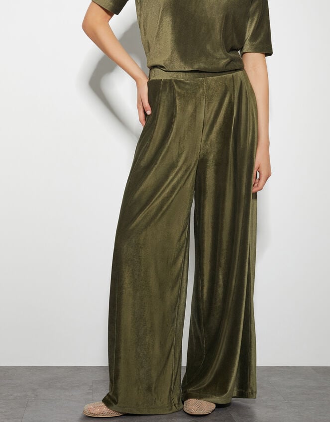 Shay Rib Velour Wide Leg Pants, Green (KHAKI), large