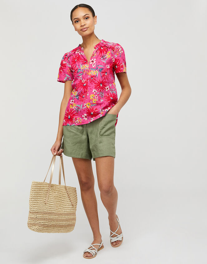 Dhana Floral Top in Linen and Organic Cotton, Pink (PINK), large