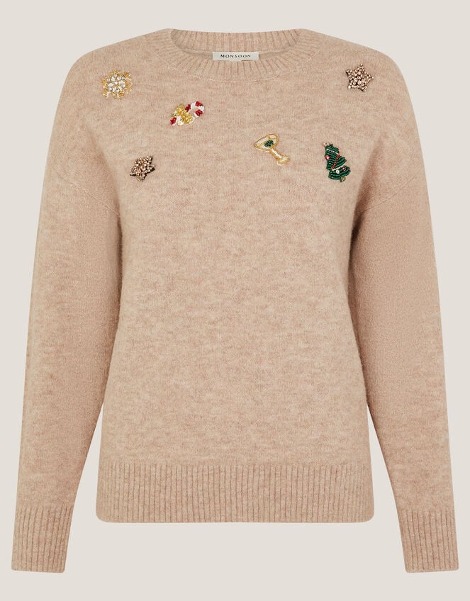 Edie Embroidered Christmas Sweater, Camel (CAMEL), large