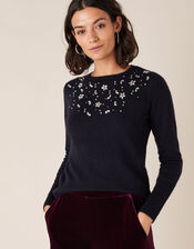 Floral Crystal Yoke Knit Jumper, Blue (NAVY), large