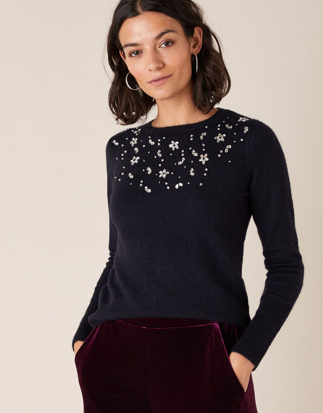 Floral Crystal Yoke Knit Jumper, Blue (NAVY), large
