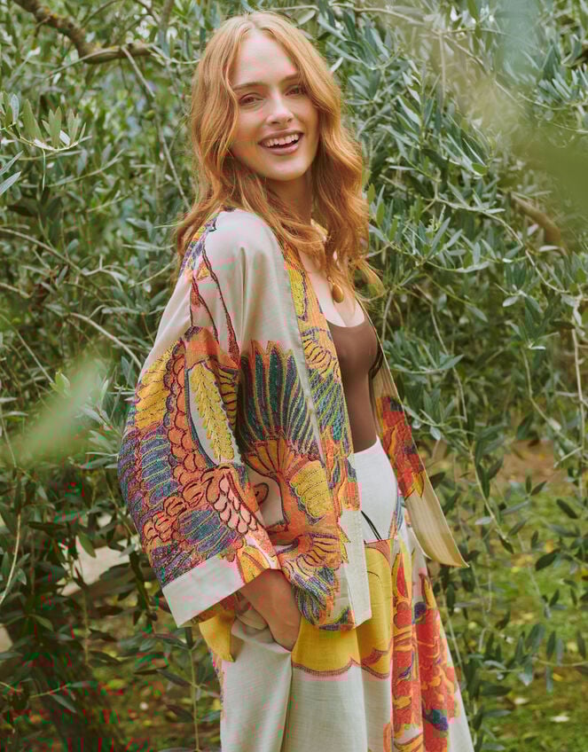 One Hundred Stars Crane Print Kimono Jacket, Natural (STONE), large