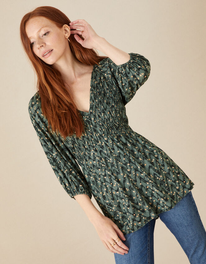 Jersey Top With Print, Khaki Green