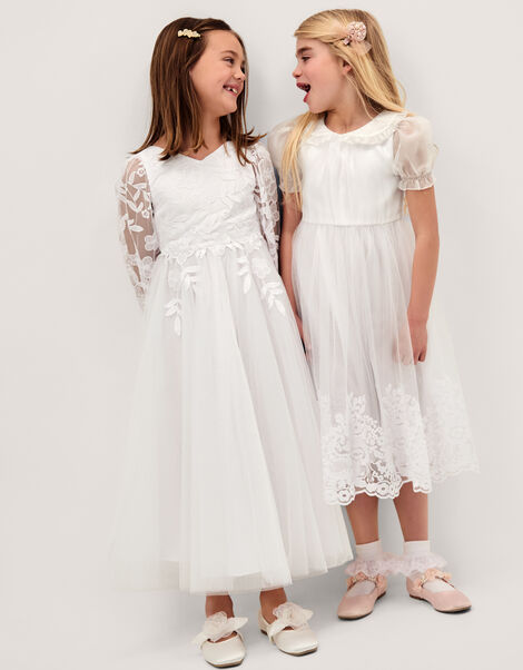 Athena Puff Sleeve Floral Communion Dress, White (WHITE), large