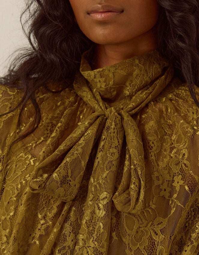 Zadie High Tie Neck Lace Blouse, Green (CHARTREUSE), large