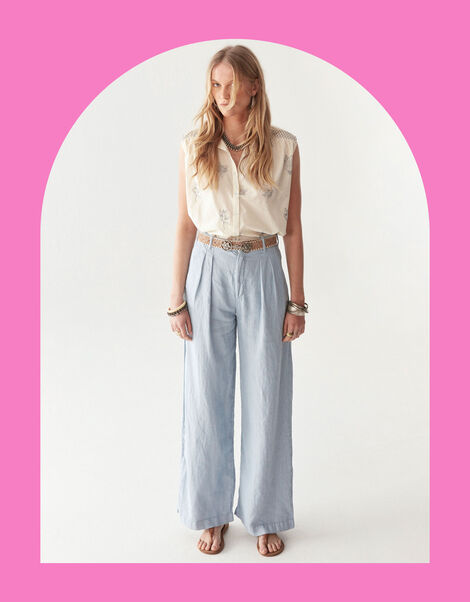 Maison Hotel Marisa Wide Leg Linen Trousers, Blue (BLUE), large