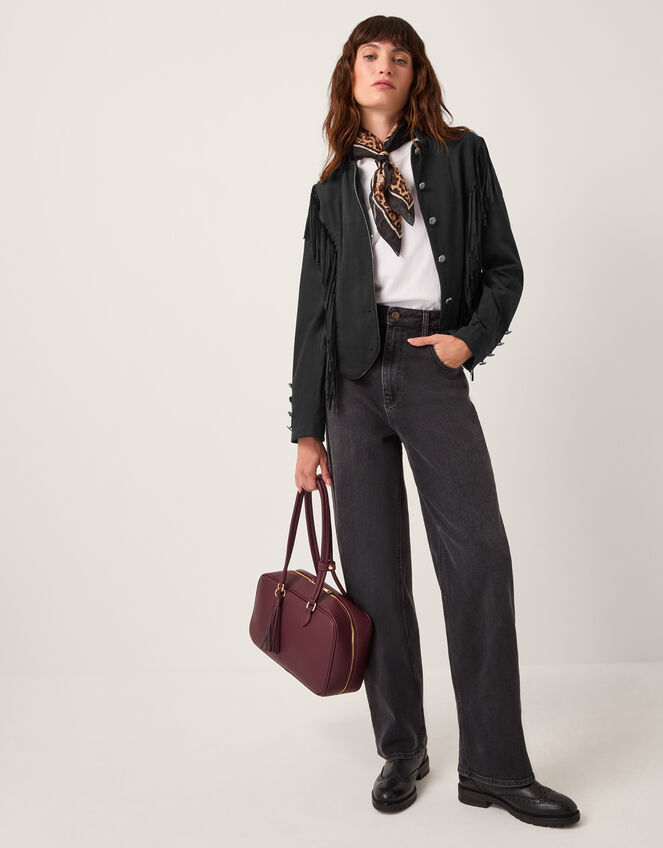 Salome Fringe Faux Suede Jacket, Black (BLACK), large