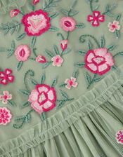 Floral Embroidered Ruffle Tulle Dress, Green (GREEN), large