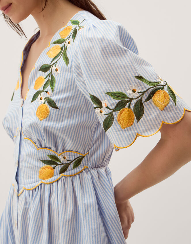 Marisol Lemon Embroidered Stripe Midi Dress, Blue (BLUE), large
