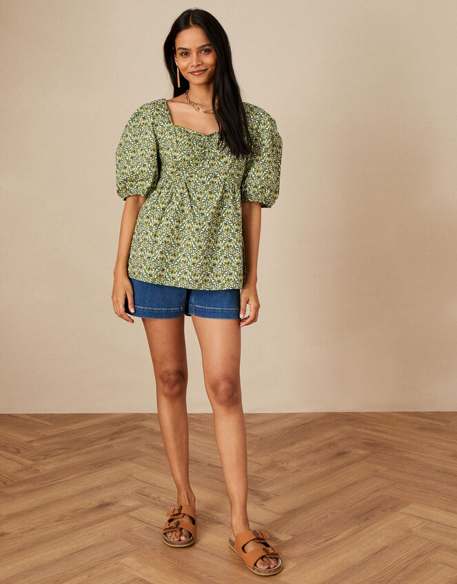 Sweetheart Neck Floral Print Top, Green (GREEN), large