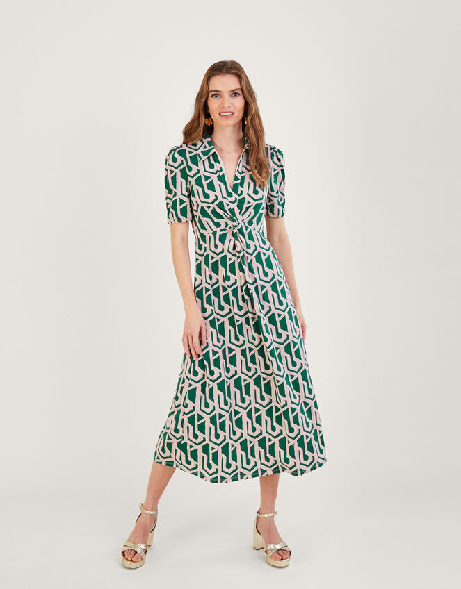 Geometric Print Midi Jersey Shirt Dress, Green (GREEN), large