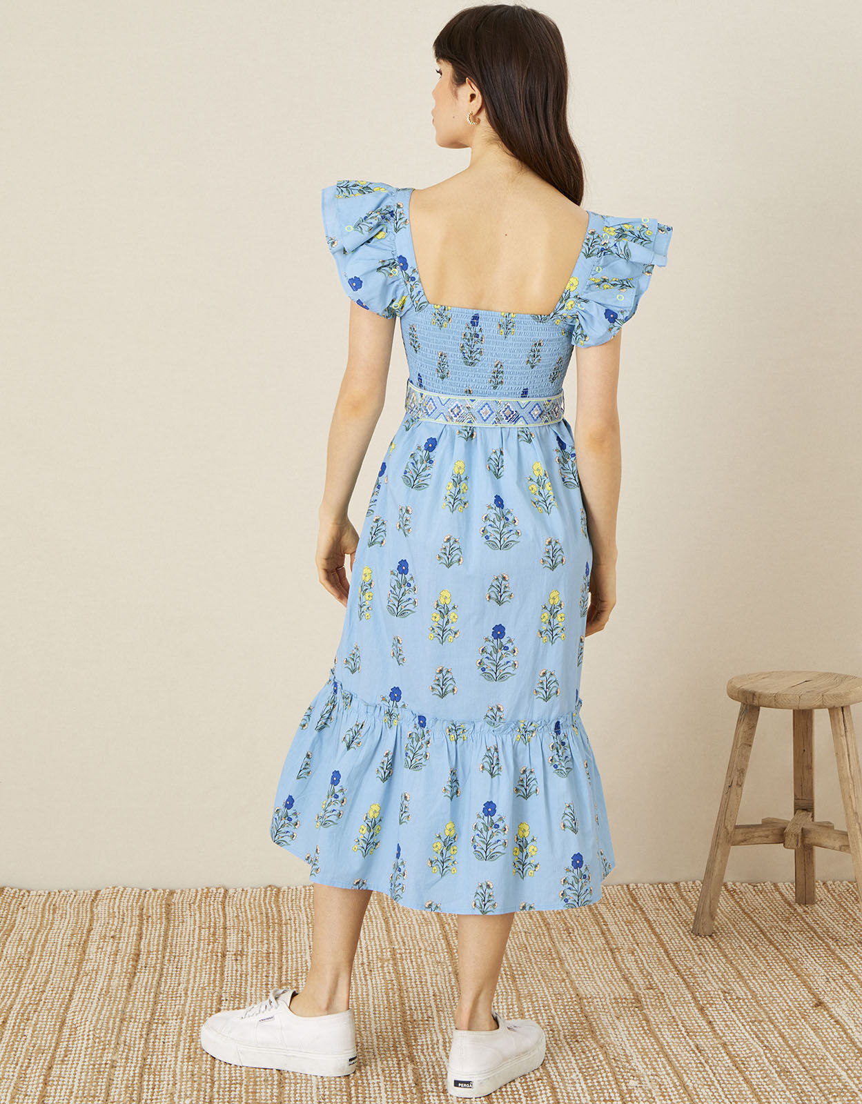 Floral Frill Sleeve Midi Dress Blue 