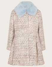 Sparkle Tweed Faux Fur Collar Coat, Blue (BLUE), large
