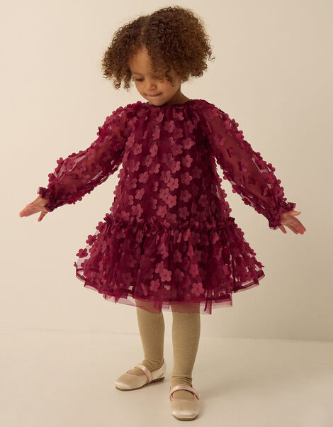 Baby Nayla 3D Flower Party Dress, Red (BURGUNDY), large