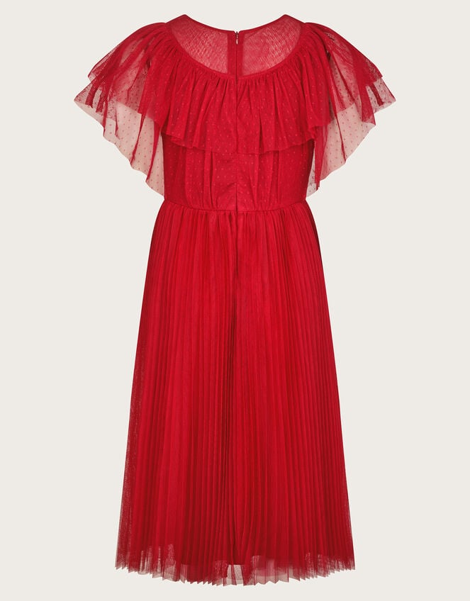 Frilly Polka Dot Mesh Pleated Dress, Red (RED), large