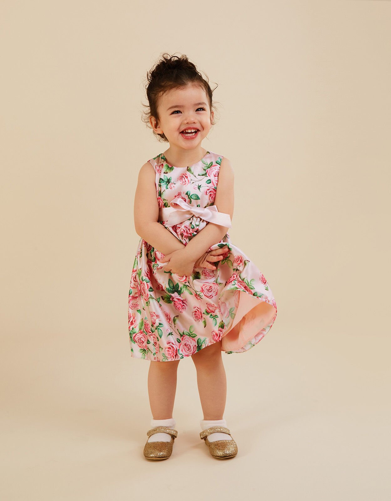 Baby Rose Print Satin Dress Pink