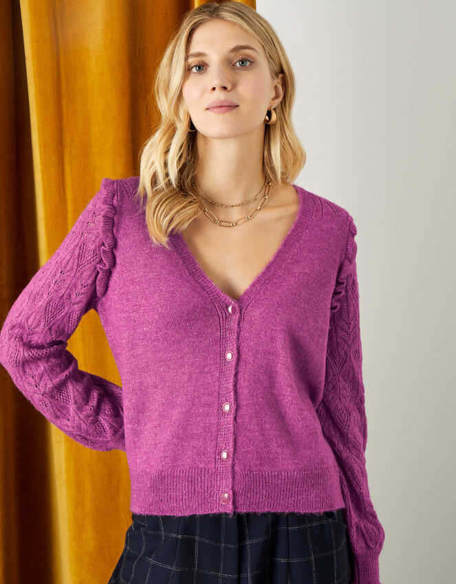 Elvira Pointelle Sleeve Cardigan , Purple (PURPLE), large