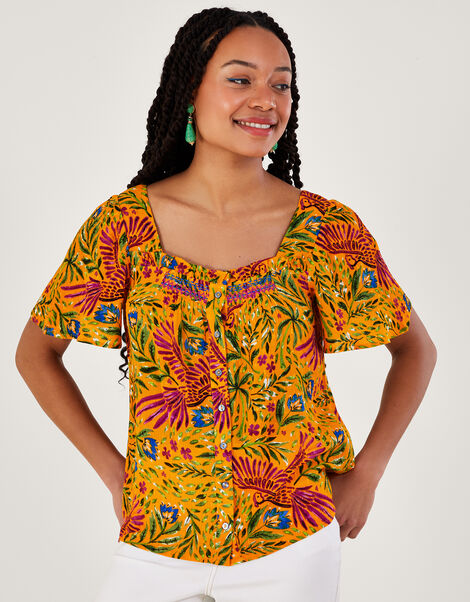 Floral and Palm Print Short Sleeve Top in LENZING™ ECOVERO™, Yellow (YELLOW), large