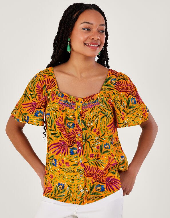 Floral and Palm Print Short Sleeve Top in LENZING™ ECOVERO™, Yellow (YELLOW), large