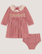 Baby Embroidered Gingham Dress & Knickers Set, Red (BURGUNDY), large