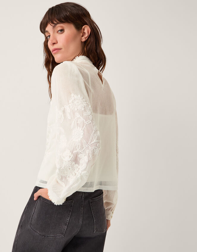 Leni High Neck Embroidered Mesh Blouse, Ivory (IVORY), large