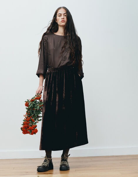 East Laurie Velvet Midi Skirt, Brown (DARK BROWN), large