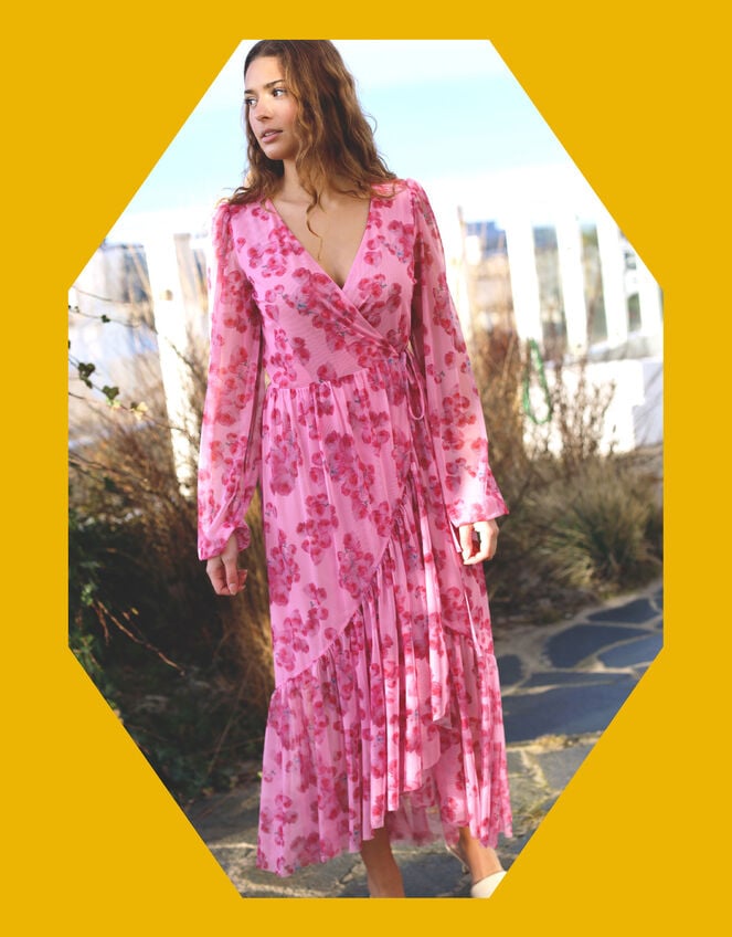 Crās Debbie Floral Mesh Wrap Dress, Pink (PINK), large