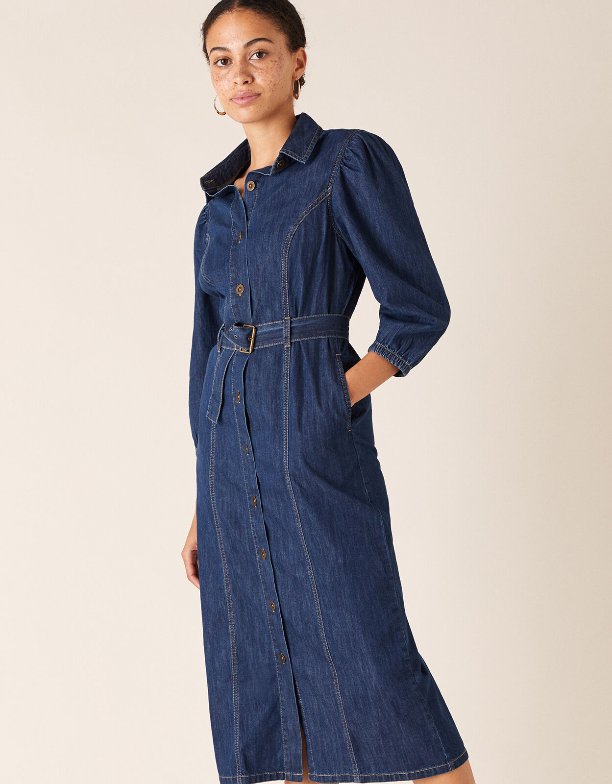 Long sleeve belted denim dress outlet