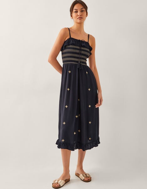 Blair Embroidered Frill Midi Dress, Black (BLACK), large