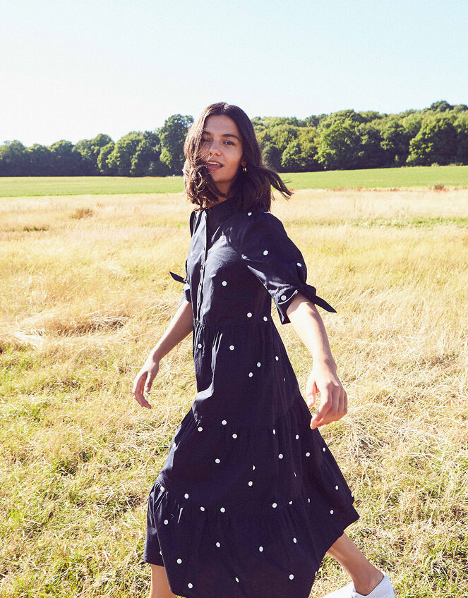 Spot Print Poplin Dress in Organic Cotton, Blue (NAVY), large