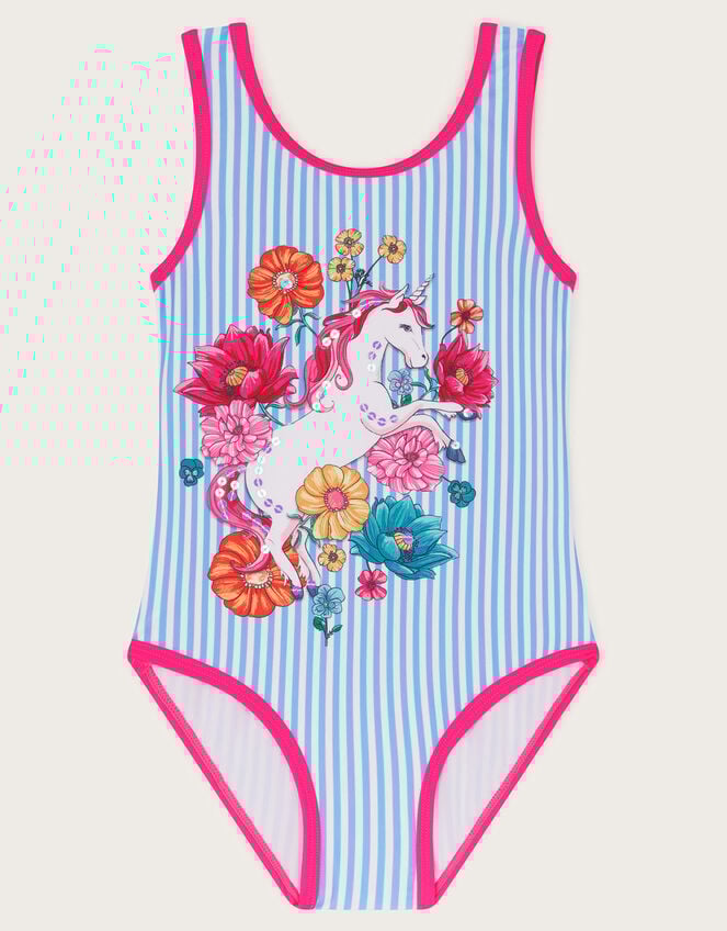 Unicorn Stripe Print Swimsuit, Blue (BLUE), large