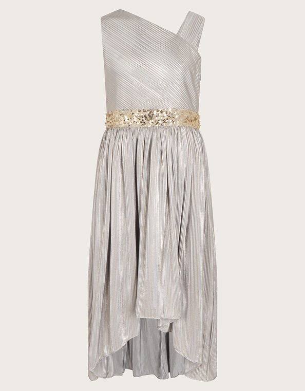 Asymmetrical Foil Prom Dress, Gray (GREY), large